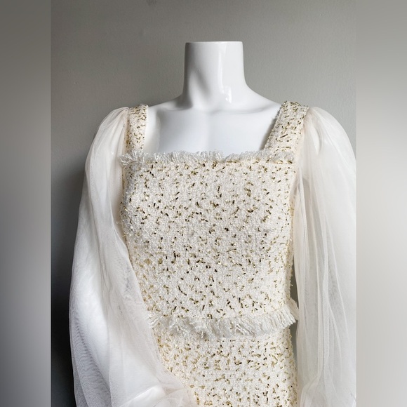 Tweed Boucle Ivory Formal Dress Lace Balloon Sleeves Bridal Elopement Wedding S - Picture 4 of 11